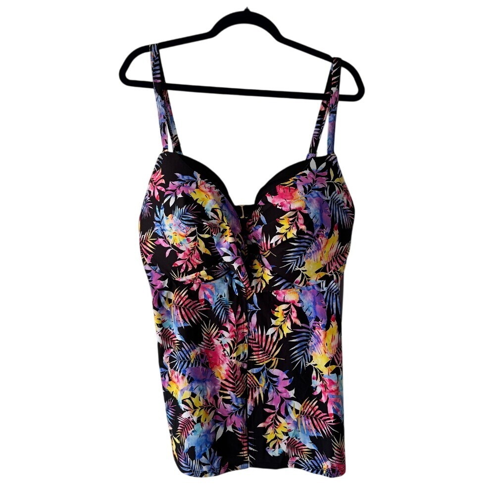 Fullfitall Women Tropical Palm Print Tankini Top Black Multicolor Size 24 NWT